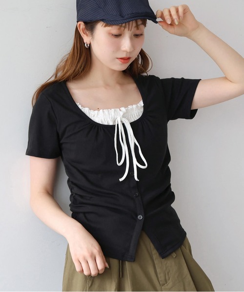 tiptop(ティップトップ)の「テレコレイヤードリボン半袖プルオーバー(Tシャツ/カットソー・レディース・ブラック/ブラック系その他/ホワイト系その他・FREE)」の1枚目の写真