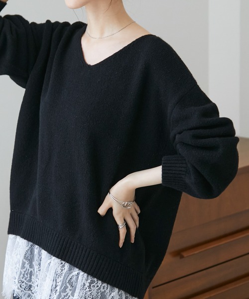 RANAN（ラナン）の「裾レースＶネックニットチュニック（ニット/セーター・レディース・杢グレー/アイボリー/ブラウン/ブラック・M/LL/L）」の6枚目の写真