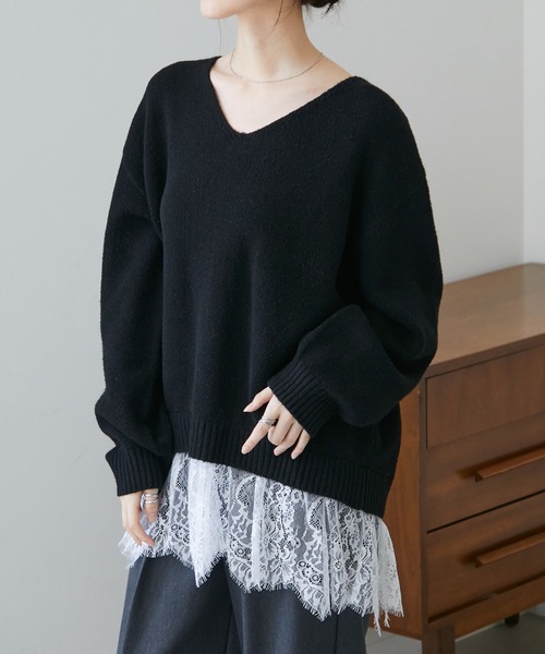 RANAN（ラナン）の「裾レースＶネックニットチュニック（ニット/セーター・レディース・杢グレー/アイボリー/ブラウン/ブラック・M/LL/L）」の8枚目の写真