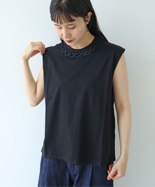 yuni（ユニ　）の「△Cotton Neck Lace french sleeves pullover（Tシャツ/カットソー・レディース・ホワイト/ブラック・FREE）」の7枚目の写真