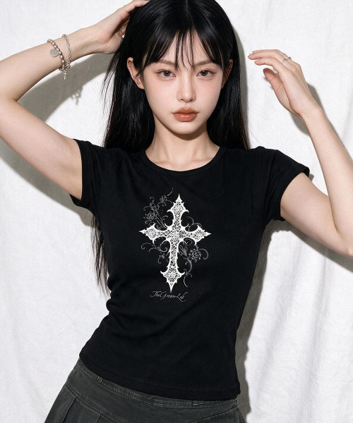 THE GREEN LAB（ザグリーンラボ）の「CROSS ボートネックスリム半袖Tシャツ[ブラック]（Tシャツ/カットソー・レディース・その他・FREE）」の3枚目の写真