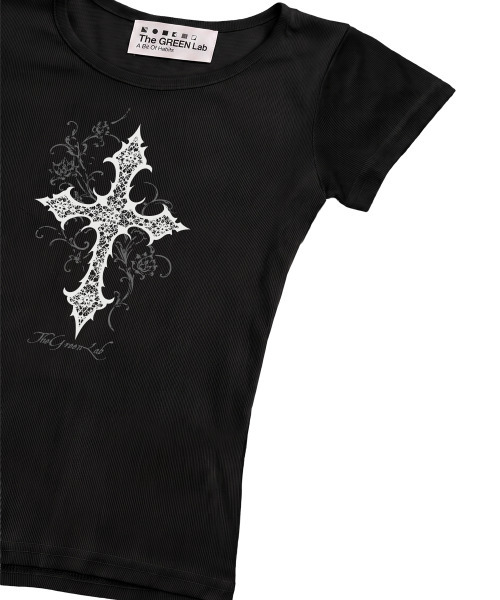 THE GREEN LAB（ザグリーンラボ）の「CROSS ボートネックスリム半袖Tシャツ[ブラック]（Tシャツ/カットソー・レディース・その他・FREE）」の6枚目の写真