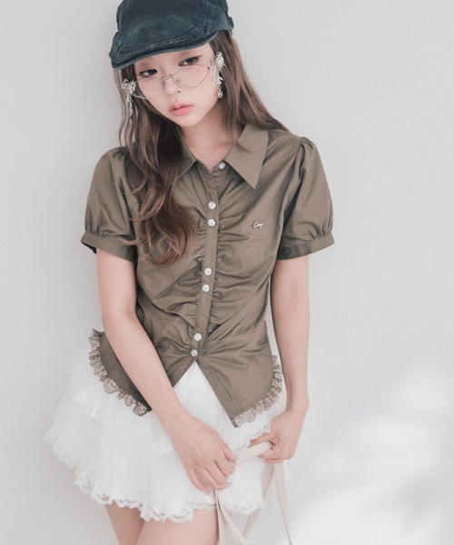 OLIVE des OLIVE(オリーブデオリーブ)の「コンパクトギャザーブラウス(シャツ/ブラウス・レディース・ブラウン/カーキ/ドット・FREE)」の3枚目の写真