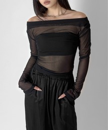 【LVEU.】メッシュオフショルダートップス / トップス カットソー オフショルダー オフショル シンプル 肌見せ ストレッチ ヘルシー 長袖 メッシュ シアー ブラック ZOZOTOWN限定