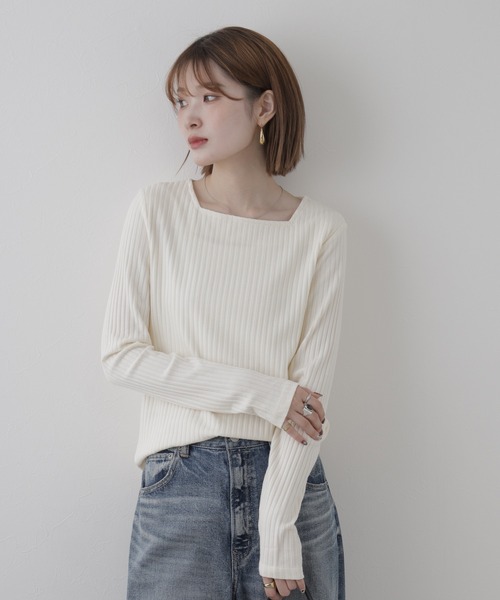 OMNES(オムネス)の「テレコスクエアネック長袖トップス(Tシャツ/カットソー・レディース・ホワイト/ブラック・FREE)」の1枚目の写真