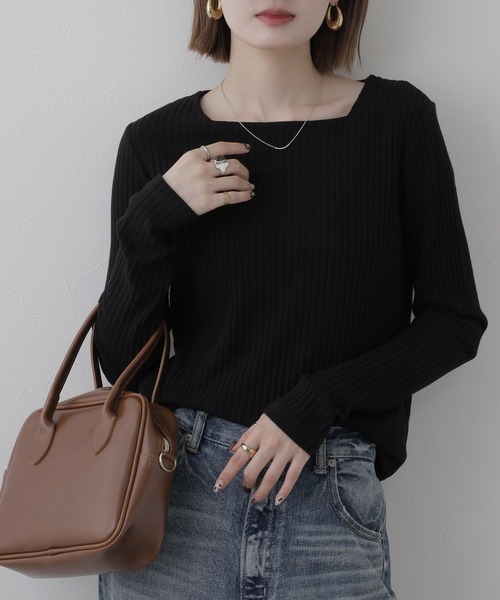 OMNES(オムネス)の「テレコスクエアネック長袖トップス(Tシャツ/カットソー・レディース・ホワイト/ブラック・FREE)」の2枚目の写真