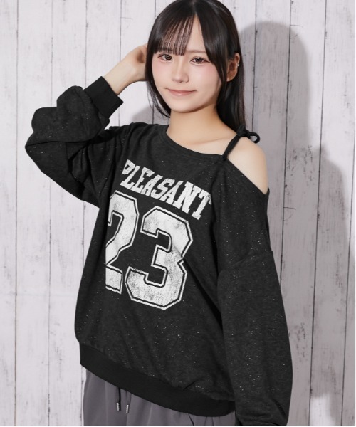 GORGE(ゴージ)の「ラメ裏毛 ワンショルダーナンバーロゴトップス|全4色(Tシャツ/カットソー・レディース・オフホワイト/ピンク/ブラック/ネイビー・F)」の2枚目の写真
