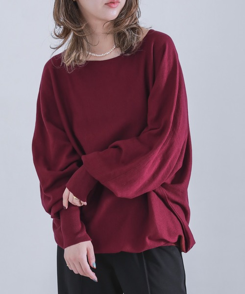 osharewalker（オシャレウォーカー）の「『ボートネックドルマンコットンニット』（ニット/セーター・レディース・レッド/ネイビー/アイボリー/ブラック/ライトベージュ/カーキ/グリーン/チャコールグレー/ターメリック/マジェンタ/ロイヤルブルー/グレー系その他/ブルー系その他/ワイン/オレンジ系その他/テラコッタ/オリーブ/ブルー系その他2/コーラルピンク/杢グレー/ブラウン/ネイビー系/パープル・FREE）」の22枚目の写真