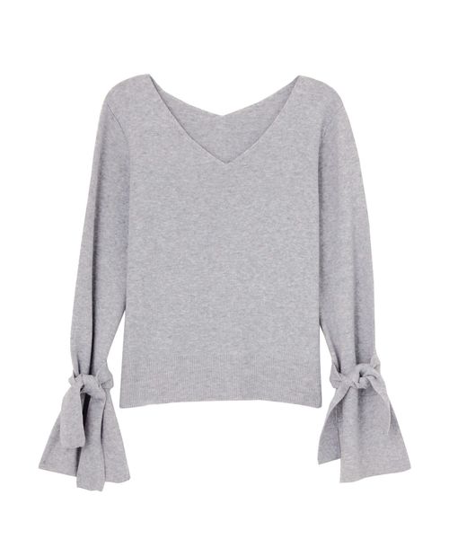 MERCURYDUO（マーキュリーデュオ）の「袖フレアリボン付Vネックニット（ニット/セーター・レディース・ブラック/グレー/オフホワイト/ベビーピンク・FREE）」の14枚目の写真