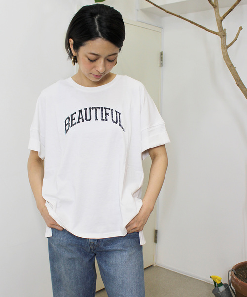 ottilie（オティーリエ）の「ロールアッププリントＴシャツ（Tシャツ/カットソー・レディース・オフホワイト/ブラック/チャコールグレー・FREE）」の2枚目の写真
