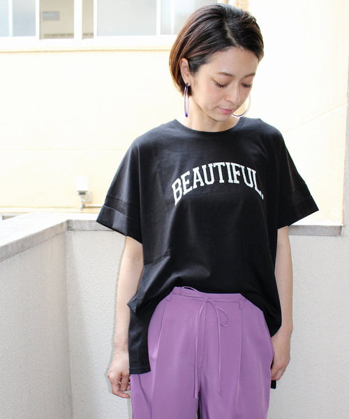 ottilie（オティーリエ）の「ロールアッププリントＴシャツ（Tシャツ/カットソー・レディース・オフホワイト/ブラック/チャコールグレー・FREE）」の3枚目の写真