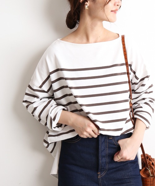 SLOBE IENA(スローブイエナ)の「パネルボーダーオーバーTEE【手洗い可能】◆(Tシャツ/カットソー)」|ブラウン
