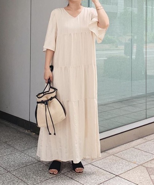 KOBE LETTUCE(コウベレタス)の「Vネックフレアスリーブティアードマキシワンピース(ワンピース・レディース・ブラック/ライトベージュ/グリーン/オフホワイト・FREE)」の16枚目の写真