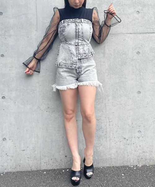 SPIRALGIRL（スパイラルガール）の「ブリーチデニムベアトップ（チューブトップ・レディース・ライトブルー/ブラック・FREE）」の13枚目の写真