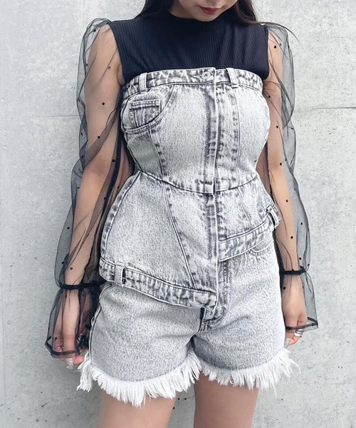 SPIRALGIRL（スパイラルガール）の「ブリーチデニムベアトップ（チューブトップ・レディース・ライトブルー/ブラック・FREE）」の12枚目の写真