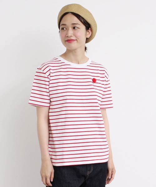 eiπe （イーペ）の「eiπe 40/2天竺ボーダー　カーネーション刺繍Tee（Tシャツ/カットソー・レディース・レッド/ブルー・FREE）」の2枚目の写真