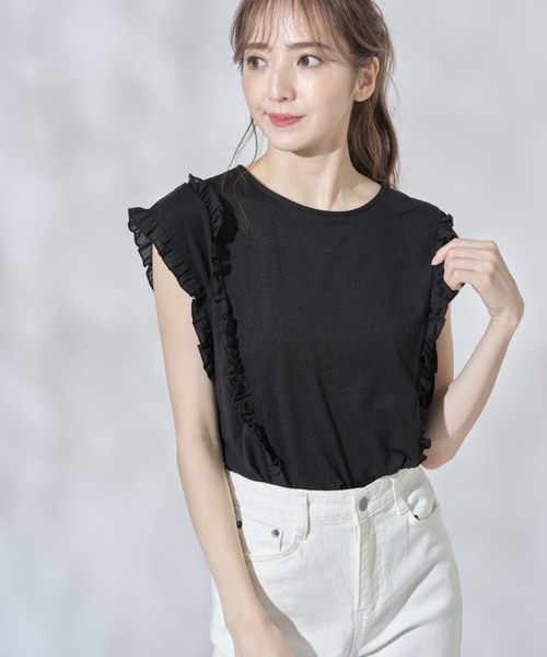 tocco closet（トッコ　クローゼット）の「吸水速乾フリル付きＴシャツ（Tシャツ/カットソー・レディース・ブラック/オフホワイト/グレイッシュベージュ・M）」の4枚目の写真