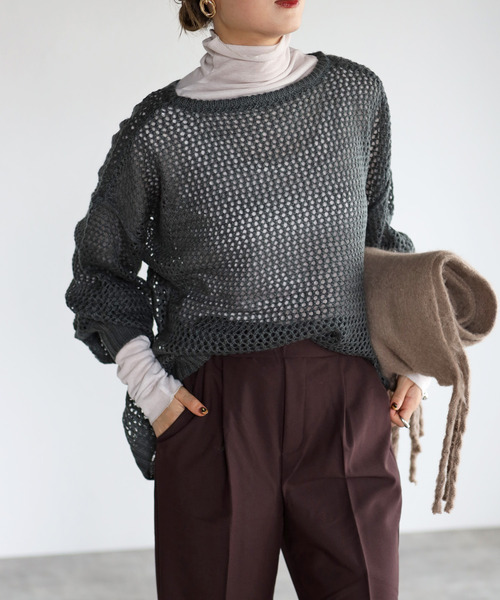 amini（アミニ）の「【2021-2022 A/W】メッシュ編みニットトップス（Tシャツ/カットソー・レディース・ブラック/レッド/アイボリー/モスグリーン・MEDIUM）」の3枚目の写真