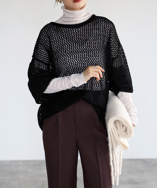 amini（アミニ）の「【2021-2022 A/W】メッシュ編みニットトップス（Tシャツ/カットソー・レディース・ブラック/レッド/アイボリー/モスグリーン・MEDIUM）」の2枚目の写真