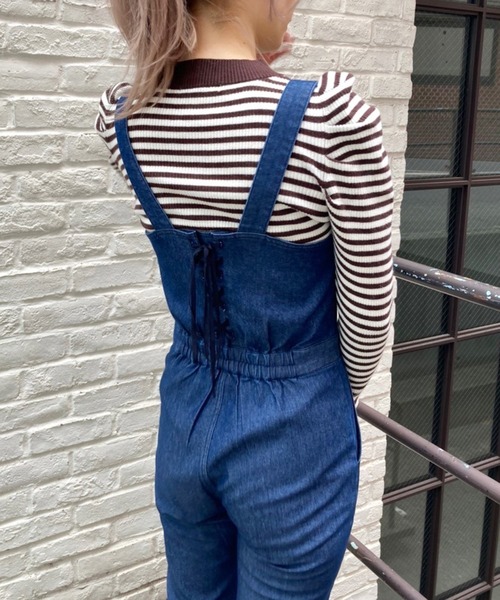 one after another NICE CLAUP（ワンアフターアナザーナイスクラップ）の「インナー次第でオールシーズン着れる。バックレースアップサロペット（サロペット/オーバーオール・レディース・ブラック/ブラック系その他/インディゴブルー/ピンク・FREE）」の9枚目の写真