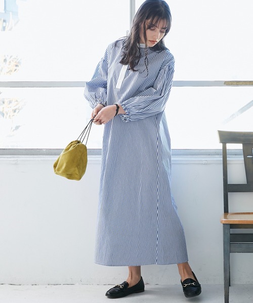 INCEDE（インシード）の「ストライプ バンドカラークレリックワンピース（シャツワンピース・レディース・ネイビー/レッド・LL/3L/M/L）」の6枚目の写真