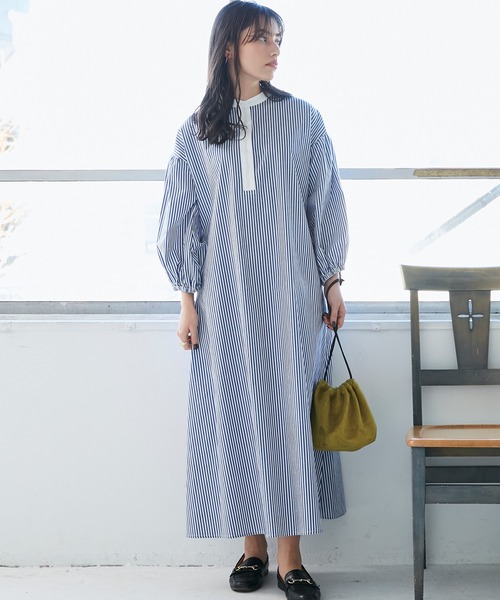 INCEDE（インシード）の「ストライプ バンドカラークレリックワンピース（シャツワンピース・レディース・ネイビー/レッド・LL/3L/M/L）」の7枚目の写真