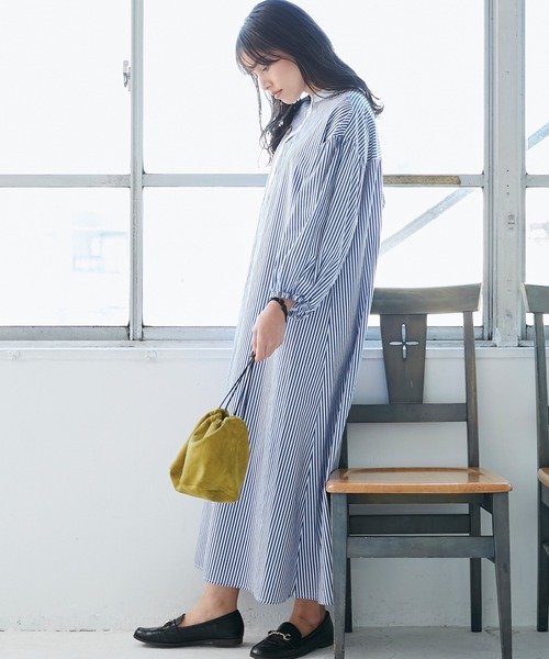 INCEDE（インシード）の「ストライプ バンドカラークレリックワンピース（シャツワンピース・レディース・ネイビー/レッド・LL/3L/M/L）」の8枚目の写真