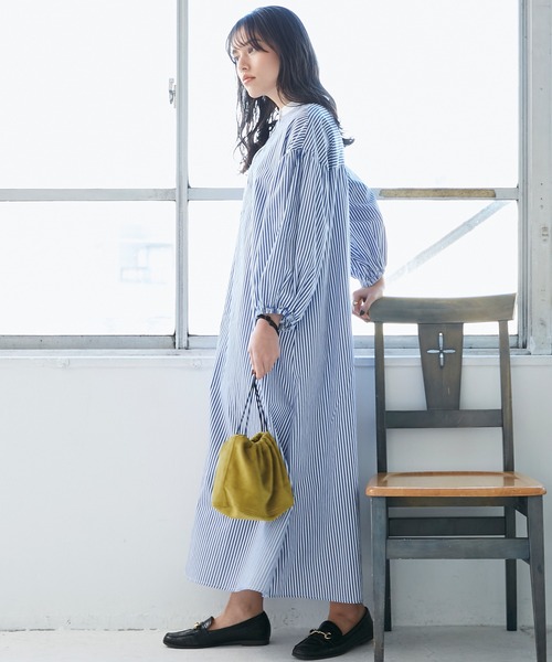 INCEDE（インシード）の「ストライプ バンドカラークレリックワンピース（シャツワンピース・レディース・ネイビー/レッド・LL/3L/M/L）」の9枚目の写真