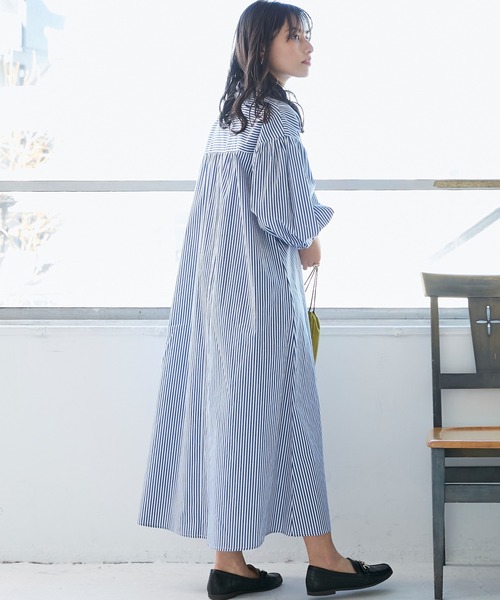 INCEDE（インシード）の「ストライプ バンドカラークレリックワンピース（シャツワンピース・レディース・ネイビー/レッド・LL/3L/M/L）」の10枚目の写真