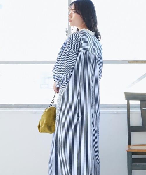 INCEDE（インシード）の「ストライプ バンドカラークレリックワンピース（シャツワンピース・レディース・ネイビー/レッド・LL/3L/M/L）」の14枚目の写真