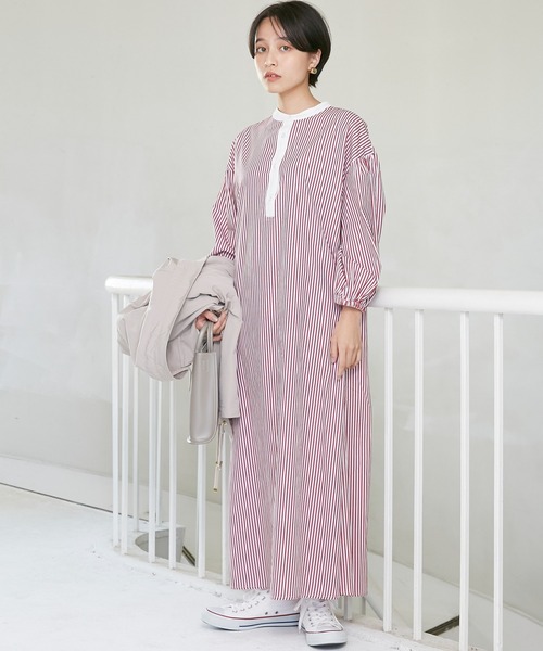 INCEDE（インシード）の「ストライプ バンドカラークレリックワンピース（シャツワンピース・レディース・ネイビー/レッド・LL/3L/M/L）」の19枚目の写真