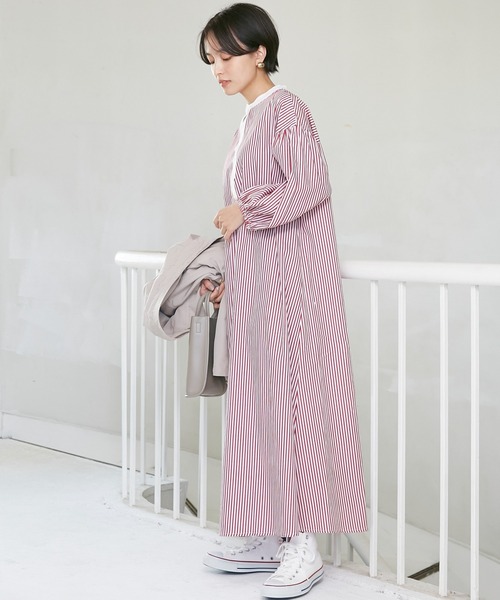 INCEDE（インシード）の「ストライプ バンドカラークレリックワンピース（シャツワンピース・レディース・ネイビー/レッド・LL/3L/M/L）」の20枚目の写真