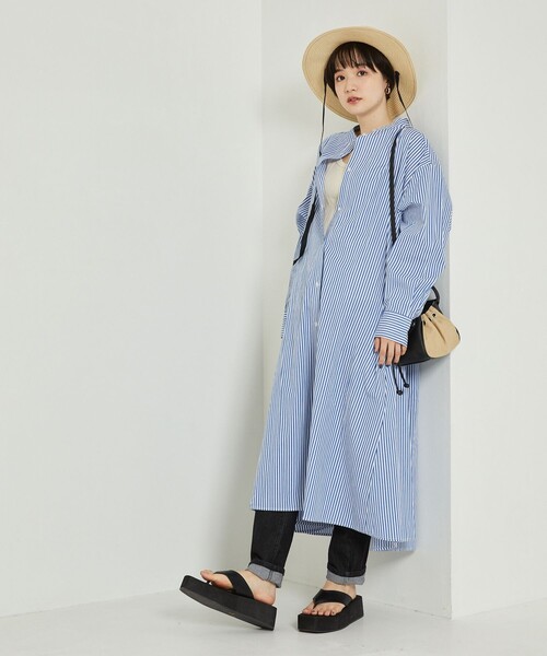 FREAK'S STORE(フリークスストア)の「マオカラーフレアシャツワンピース ストライプ(シャツワンピース・レディース・サックスブルー/グリーン・フリー)」の12枚目の写真