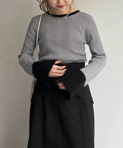 CAPRICIEUX LE'MAGE（カプリシューレマージュ）の「マルチボーダーリブプルオーバー（ニット/セーター・レディース・ブラック/ベージュ/グリーン・FREE）」の18枚目の写真