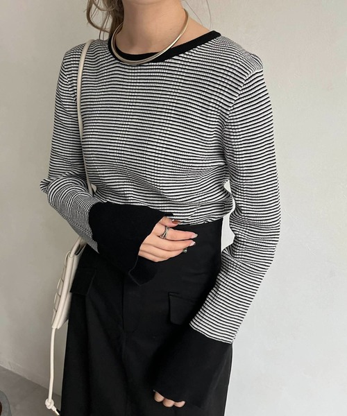 CAPRICIEUX LE'MAGE（カプリシューレマージュ）の「マルチボーダーリブプルオーバー（ニット/セーター・レディース・ブラック/ベージュ/グリーン・FREE）」の14枚目の写真