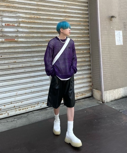 Chikashitsu +(チカシツプラス)の「【Chikashitsu +/チカシツプラス】mesh summer knit/メッシュサマーニット アミアミニット 重ね着 レイヤード(その他トップス・メンズ・ブラック/パープル/アイボリー・ONE SIZE)」の6枚目の写真