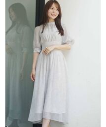 オープンショルダーウエストリブ切替花柄ワンピース