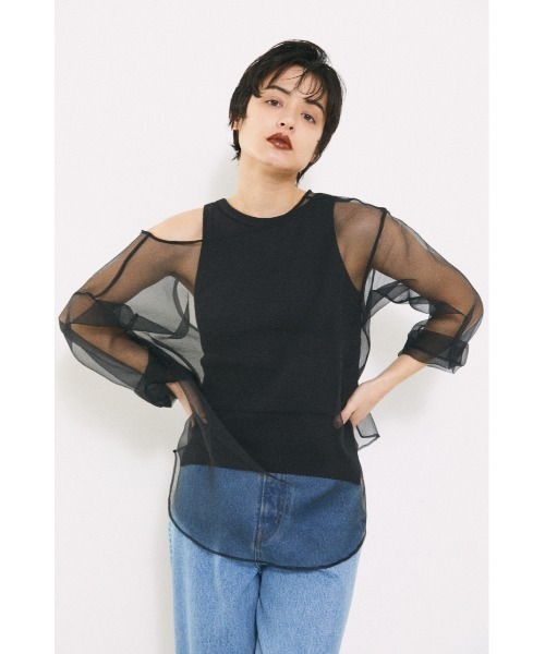 BLACK BY MOUSSY(ブラックバイマウジー)の「2way sheer cardigan(2ウェイシアーカーディガン)(カーディガン/ボレロ・レディース・ブラック/オフホワイト・FREE)」の11枚目の写真