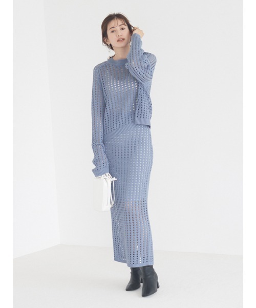 新品タグ付き♥️定価 14,300円♥️emmi　メッシュニットスカート　ブルー emmi（エミ）の「【emmi atelier】メッシュニットスカート