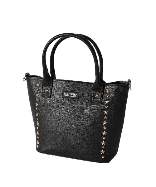 XSサイズ 黒スムースレザー×カスタム スターパッチミニトートバッグ セール】【SOMEDIFF】スター スタッズ PU レザー ミニトート バッグ