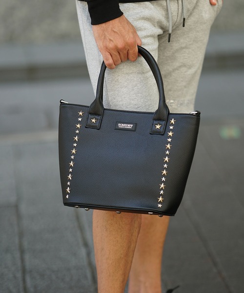 SOMEDIFF】スター スタッズ PU レザー ミニトート バッグ メンズ