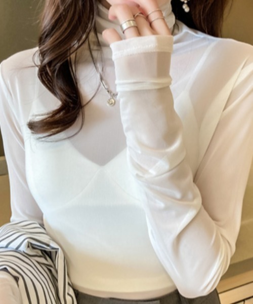 tolene(トレネ)の「シースルーハイネックカットソー(Tシャツ/カットソー・レディース・ブラック/オレンジ/ホワイト/ピンク/グリーン・FREE)」の7枚目の写真