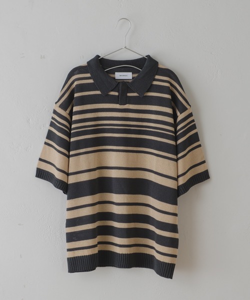 WHIMSIC(ウィムジック)の「【UNISEX】マルチボーダーニットポロシャツ(ポロシャツ・メンズ・ミント/ベージュ/ネイビー・FREE)」の1枚目の写真