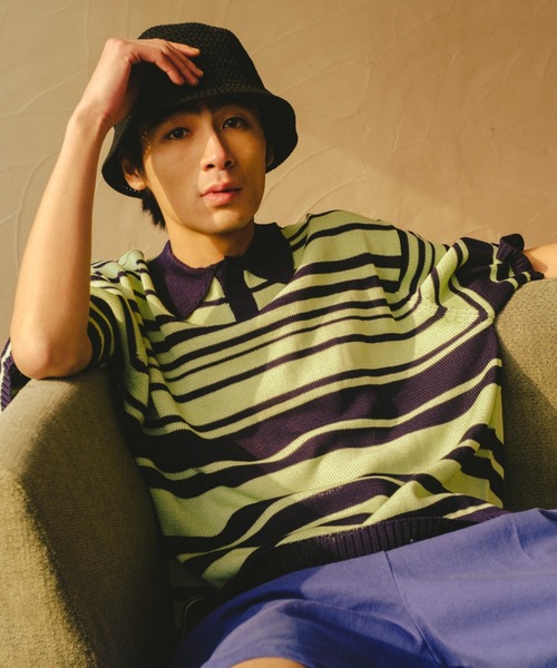 WHIMSIC(ウィムジック)の「【UNISEX】マルチボーダーニットポロシャツ(ポロシャツ・メンズ・ミント/ベージュ/ネイビー・FREE)」の15枚目の写真