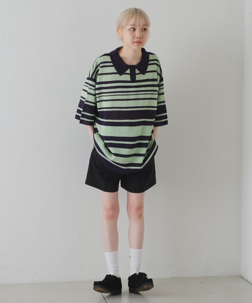 WHIMSIC(ウィムジック)の「【UNISEX】マルチボーダーニットポロシャツ(ポロシャツ・メンズ・ミント/ベージュ/ネイビー・FREE)」の20枚目の写真