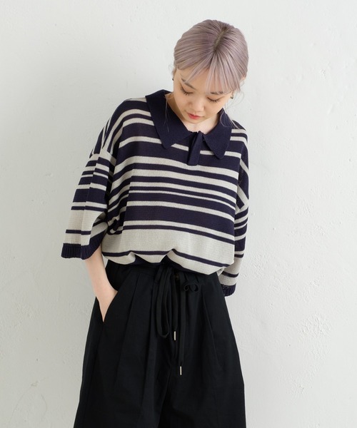 WHIMSIC(ウィムジック)の「【UNISEX】マルチボーダーニットポロシャツ(ポロシャツ・メンズ・ミント/ベージュ/ネイビー・FREE)」の11枚目の写真