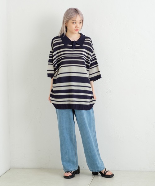 WHIMSIC(ウィムジック)の「【UNISEX】マルチボーダーニットポロシャツ(ポロシャツ・メンズ・ミント/ベージュ/ネイビー・FREE)」の7枚目の写真