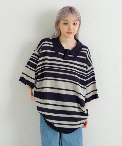 WHIMSIC(ウィムジック)の「【UNISEX】マルチボーダーニットポロシャツ(ポロシャツ・メンズ・ミント/ベージュ/ネイビー・FREE)」の8枚目の写真