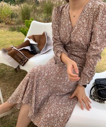 配色 Vネック 花柄ワンピース