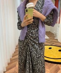 配色 Vネック 花柄ワンピース